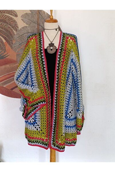 Hippybutik Mavi Yeşil Kırmızı Uzun Mandala Tığ Dokuma El Işi Tasarım Hırka