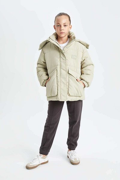 DeFacto Dfc - Girl's Water Repellent Hooded Windproof Ribbed Sleeve Puffer Jacket with Pocket Detail