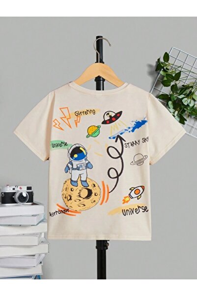 GLOWES Бежова унисекс детска тениска - щампа с планета отпред и отзад