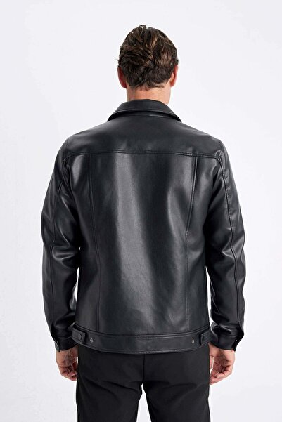 DeFacto DFM - Slim Fit Gömlek Yaka Astarlı Suni Deri Mont