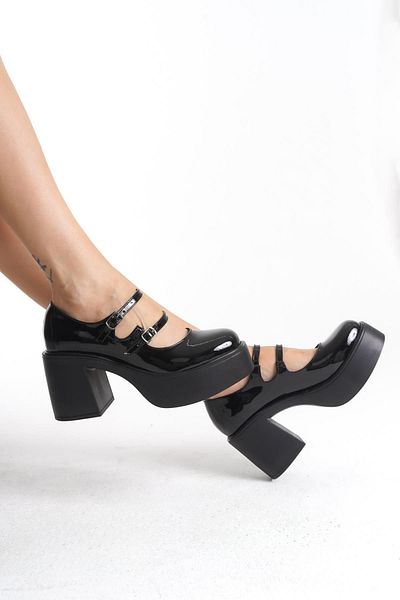 Modabuymus Black Patent Leather Mary Jane - High Platform, Double Strap Heeled Shoes