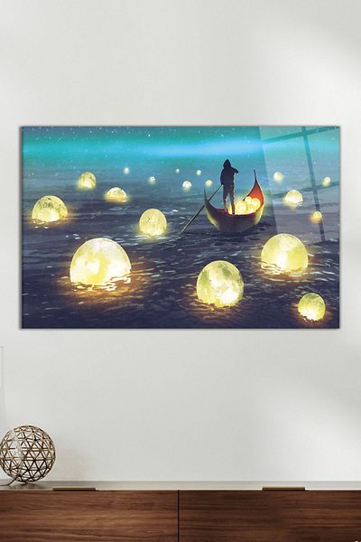 Vosevu Επιτραπέζιο από γυαλί Boatman Collecting the Moon, Μοντέρνα διακόσμηση σπιτιού και γραφείου, Διακόσμηση τοίχου δώρου, άθραυστο γυαλί