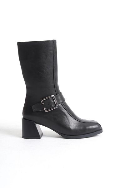 Shoesers Cizme de damă cu toc mijlociu, negre, cu centură, cu design special