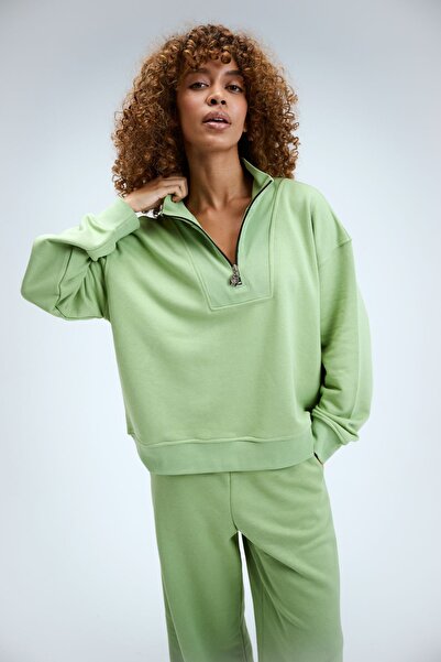 gothamvibes Kadın Timeless Fermuarlı Fıstık Yeşili Sweatshirt