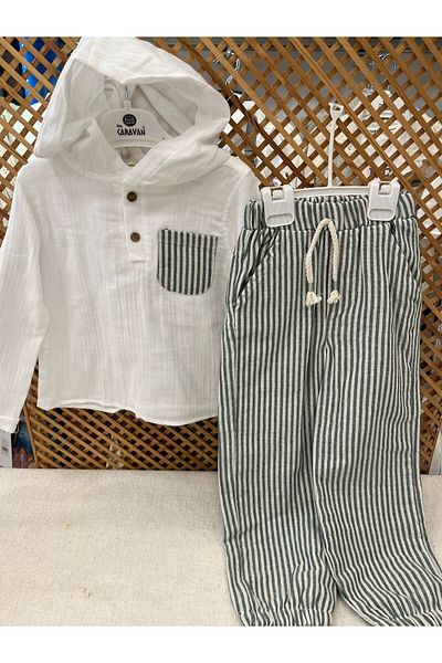PARK BEBE Boy's Muslin Linen Set - Hooded Bottom and Top Set