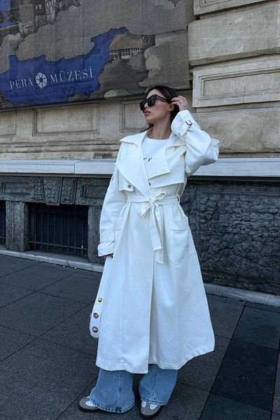 JaMolls Gabardine Fabric Long Lined Belted Thick Trench Coat - Snap Detail