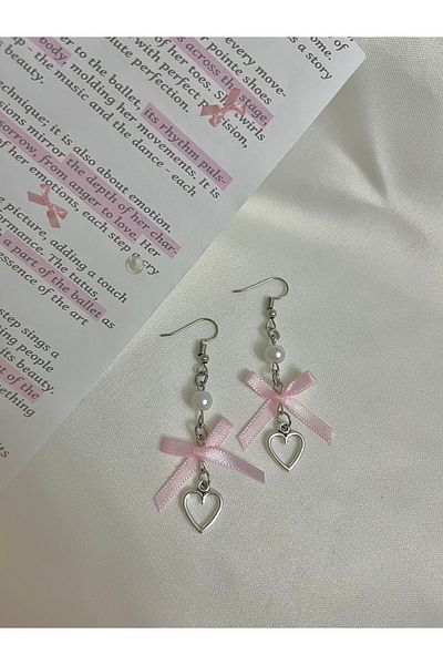 bohemian takı tasarim Pink Bow Heart and Pearls Coquette Earrings