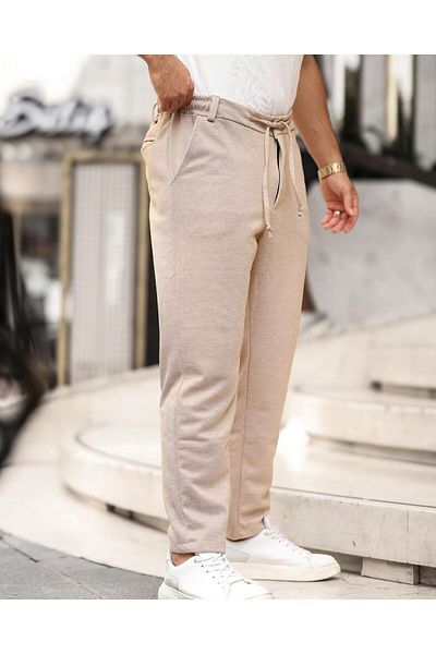 Miralbas 100% Cotton Pique Fabric - Straight Leg, Lace-Up Waist and Back Pocket Trousers