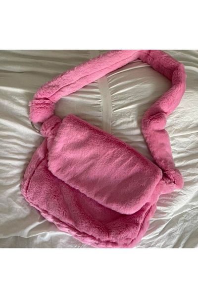 fluffy Cindy Pink Plush Covered Candy Pink Shoulder School Bag - Crossbody