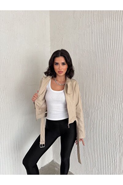 alieva Bej Renkli Fermuar Kapamalı Dik Yaka Kısa Crop Model Kemerli Suni Deri...
