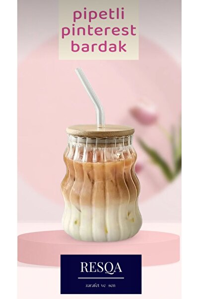 Resqa Bambu Kapaklı Cam Pipetli Cam Bardak 350 ml Smoothie Kokteyl Kahve Çay ...