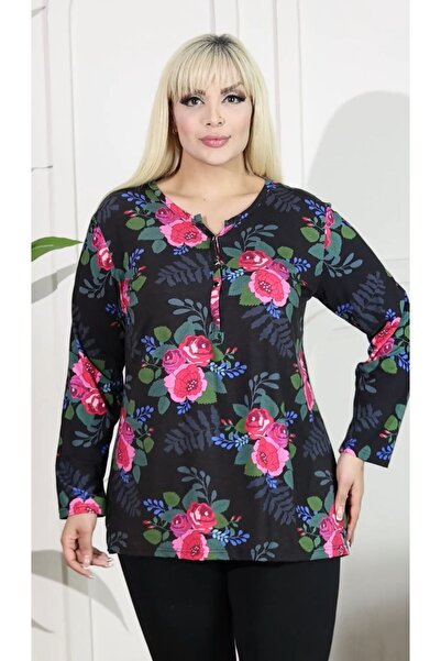 HÜLYA BUTİK Plus Size Black Pink Floral Dominant Collar Blouse