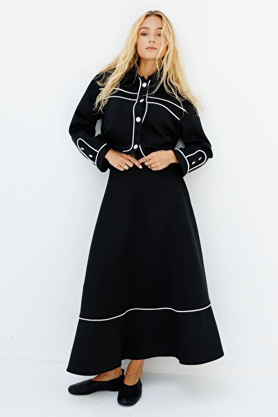 Hooopstore Scuba Black Skirt Set - Contrast Piping Detail
