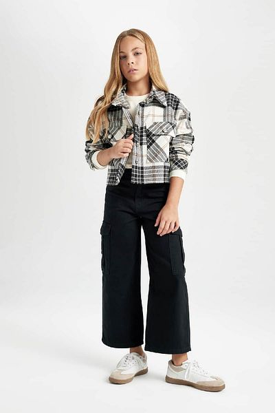 DeFacto Girl's Crop Checkered Long Sleeve Double Pocket Shirt Jacket D2660A824Au