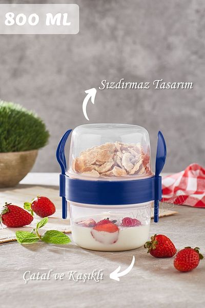 KaktüsKedi Large Size Food Carrying and Storage Container with Spoon and Fork - Muesli Yogurt Ice Cream Snack Cup 800 ml