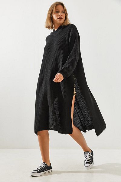 Bianco Lucci Women's Side Slit Hooded Long Loose Tunic Sweater 60651001