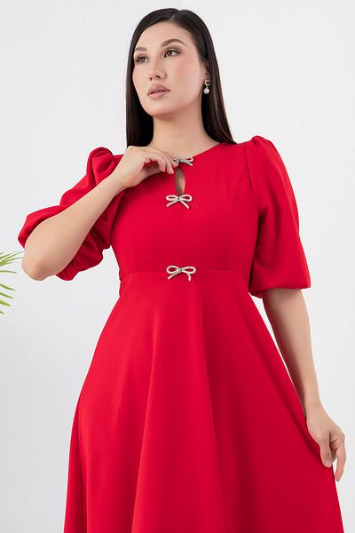 PULLIMM Rochie creponată cu mâneci cu balon cu pietre la piept - GRS3578