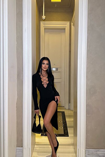 Eyyo Μαύρο φόρεμα με σχισμή γραβάτα - ATE8588