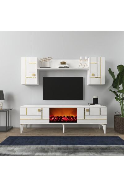 DEMONTE DECOR Madera Şömineli Tv Ünitesi Takımı Beyaz-altın