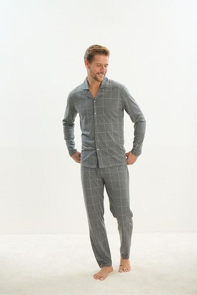 Sevim Gray Men's Pajama Set - Long Sleeve, Shirt Collar, Buttoned Front C3T2N5O9