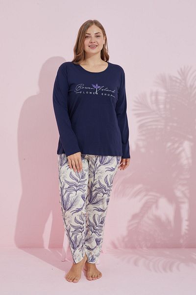 Siyah İnci Navy Blue Multicolored Cotton Curve Large Size Oversize Knitted Pajama Set 24240751