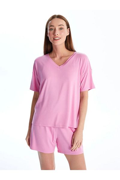 LC Waikiki Lcw Dream Pink Lilac V-Neck Solid Short Sleeve Women's Shorts Pajamas Set