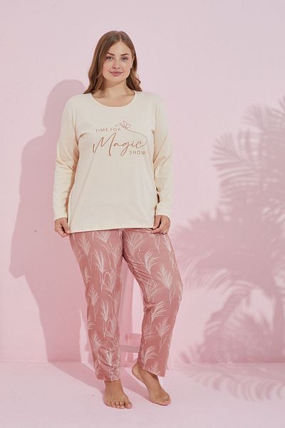 Siyah İnci κρεμ πολύχρωμη Βαμβακερή Curve Plus Size Πλεκτή Πιτζάμες Oversize 24240750