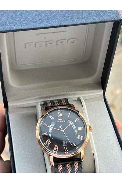 FERRO 30 Mt Water Resistant Men's Wristwatch - Steel Cord, Calendar Dial, Efm11050-Sr
