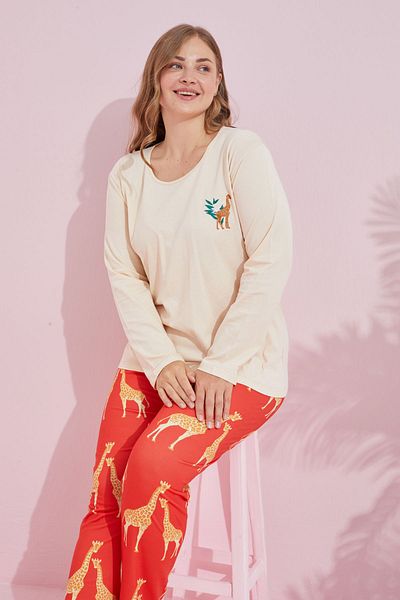 Siyah İnci κρεμ πολύχρωμη Βαμβακερή Curve Plus Size Πλεκτή Πιτζάμες Oversize 24240728