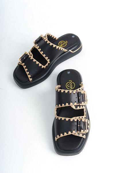 NOSEY SHOES Model Sofia, piele naturală, neagră, cu talpă groasă, tricotat, cu cataramă, papuci de zi cu zi pentru femei