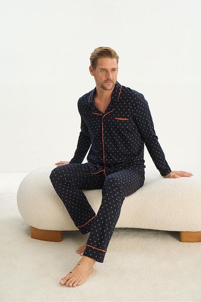 Sevim Σετ ανδρικές πιτζάμες Navy Blue - Μακρύ μανίκι, γιακάς πουκάμισου, μπροστινό κουμπί C4T1N4O9
