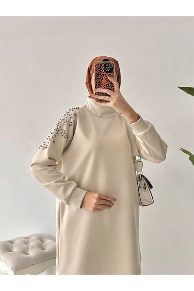 Tesettür Diyarı Scuba Fabric Hijab Suit - Λεπτομέρεια από πέτρα στους ώμους, κρέμα