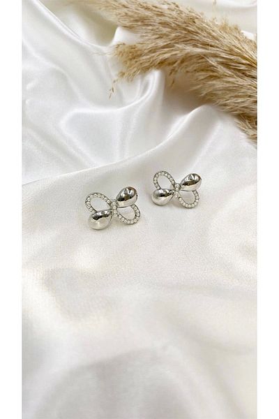 Eylülün Takısı Silver Colored Stone Detailed Women's Bow Earrings