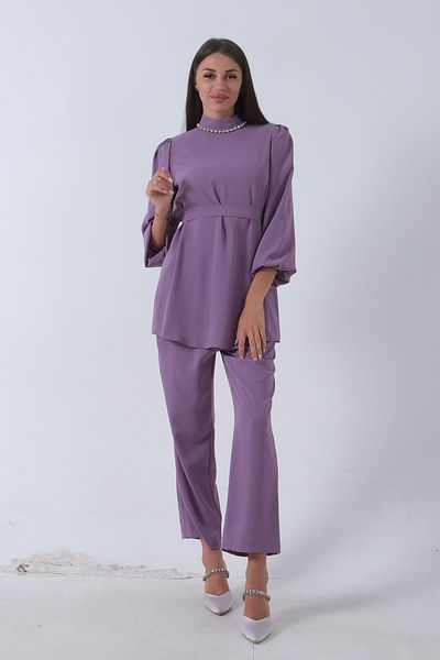 Feminist Lilac Stone Detailed Balloon Sleeve Trousers Set - 46320011