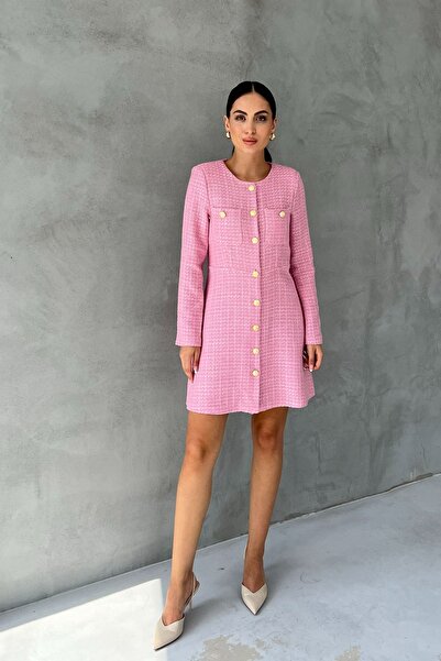 Seda Yalçın Atelier Gold Pink Buttoned Knitwear Tweed Dress