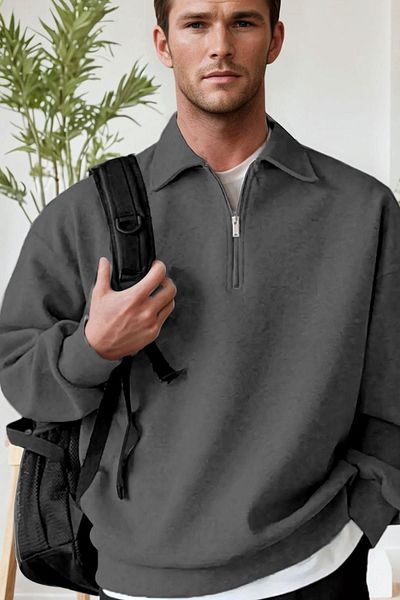 Millionaire Men's Anthracite Half Zipper Polo Collar 3 Thread Fleece Inside Ribbon Oversize Sweatshirt