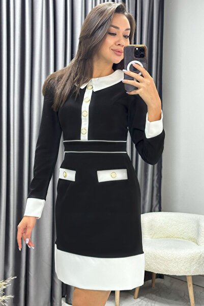 Elbise Delisi Kadın Beyaz Bebe Yaka Kalem Düğme Detay Elbise  Siyah, Bebe Mavisi