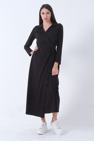 Feminist Black Knitted Dress - Wraped Side Tie, Model 31061509