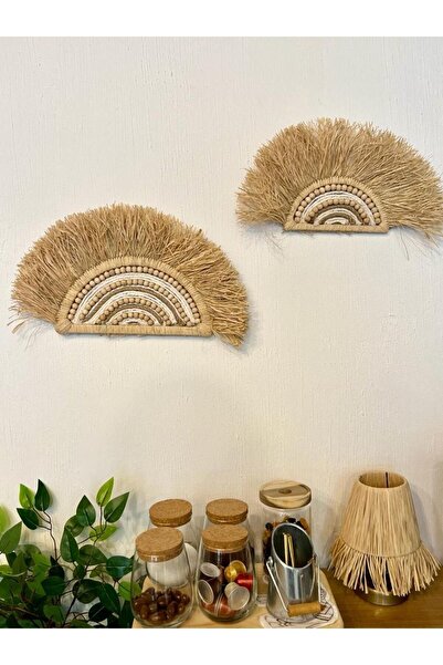 Maison Avf 2'li Set Rafya Hasır Yelpaze Ahşap Boncuk Halat Makrome İp Duvar S...