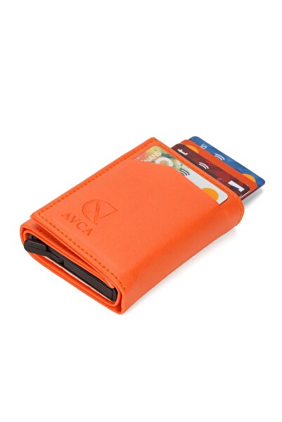 AVCA Turuncu Cüzdan Unisex Vegan Deri Nakit Para Bölmeli Kızaklı Mekanizmalı Cüzdan Kartlık
