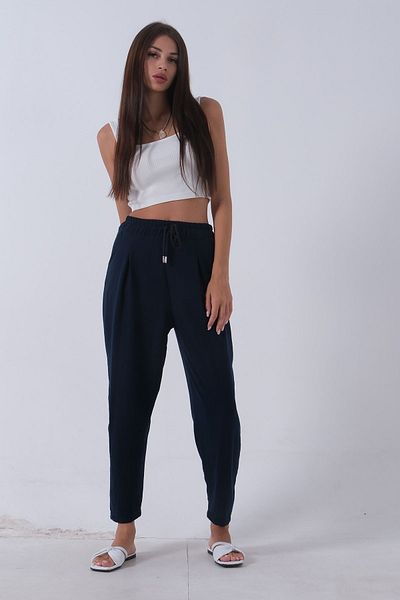Feminist Navy Blue Linen Trousers - Elastic Waist 3970412