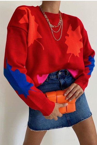 WOMAN VISION Red Leaf Patterned Oversize Knitwear Women's Sweater - 0162