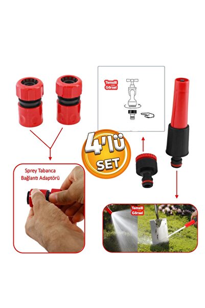 Badem10 Hortum Sprey Sulama Tabancası Başlığı Seti 4 Parça Bahçe Çeşme Musluk Bağlantı Adaptörü Aparatı