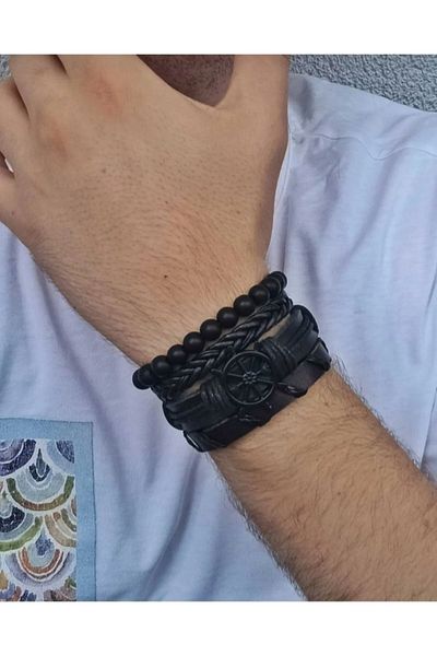 BSN Store Black Rudder Figured 4-Piece Genuine Leather Bracelet