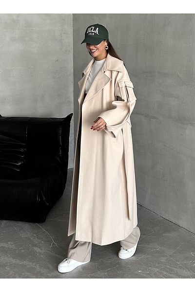 Laluvia Premium-Mantel mit beigefarbenen Ärmeln und Taschendetail