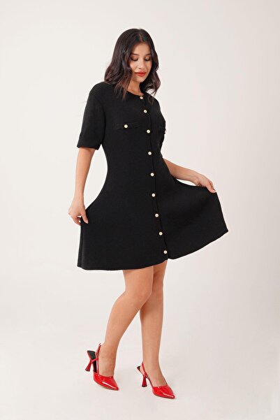Hipo Trend Rochie neagră scurtă de tricotaj cu decolteu - Detaliu cu nasturi ...
