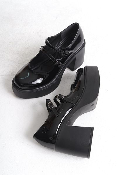 Modabuymus Black Patent Leather Mary Jane - High Platform, Double Strap Heeled Shoes