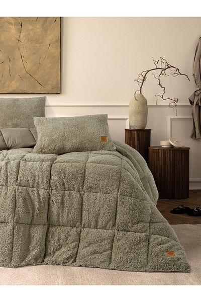 Cotton Box Stone Colored Single Plush Quilt Set - 155X215 cm