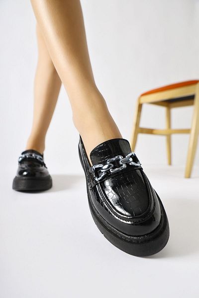 Limoya Mocasin cu cataramă cu lanț cu model de crocodil negru Lucin, pantofi de damă