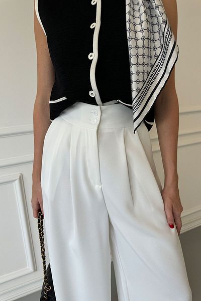 MAGARDE Wide Leg and Double Pleated White Palazzo